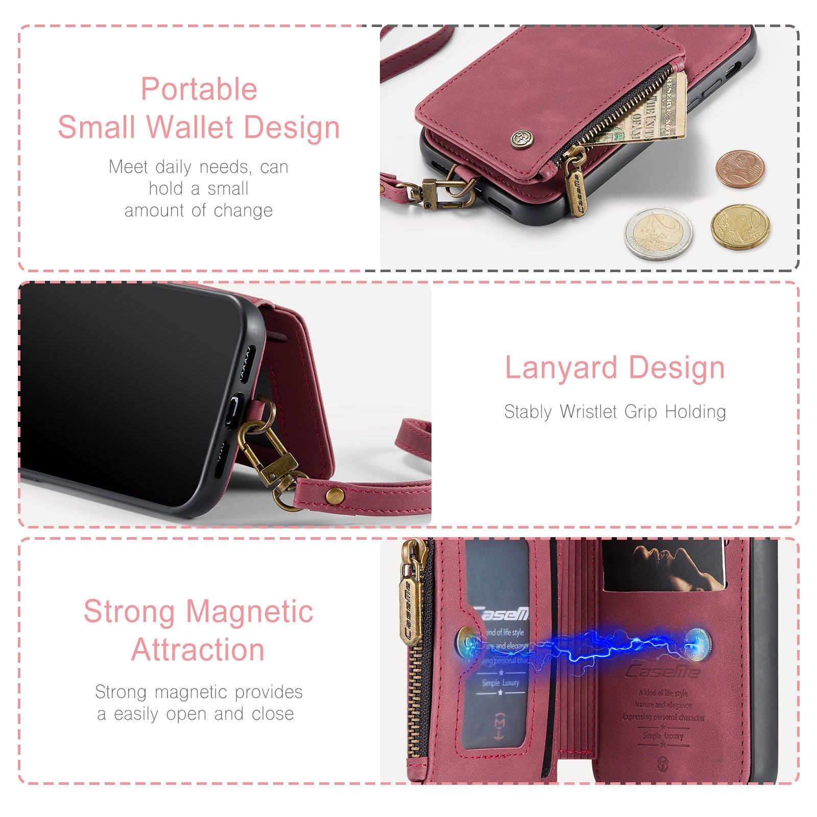 CASEME C20 Series for iPhone 13 mini 5.4 inch Zipper Pocket Kickstand Phone Case RFID Blocking PU Leather Coated TPU Wallet Cover with Strap CASEME C20 Series for iPhone 13 mini 5.4 inch Zipper Pocket Kickstand Phone Case RFID Blocking PU Leather Coated TPU Wallet Cover with Strap